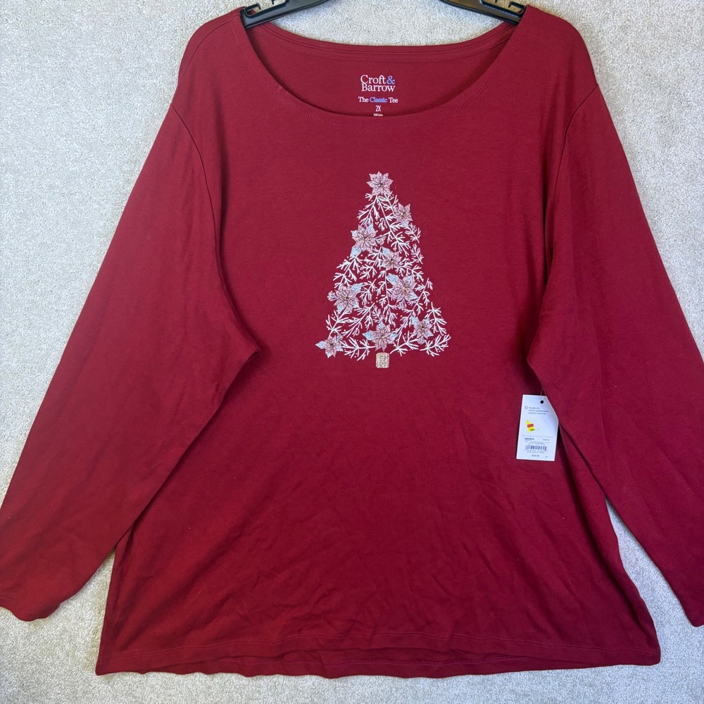 Croft & Barrow The Classic Tee Women 2X Red Christmas Tree Poinsettia Glitter